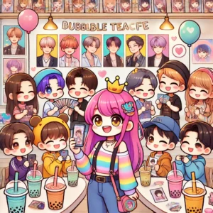 DALL·E 2025 04 21 11.14.58 A cute and colorful cartoon style illustration of a K pop fan event in a bubble tea cafe. The characters are anime inspired fans with vibrant hair col